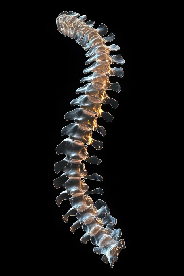 Minimalist spine silhouette floating in dark background with soft amber rim light