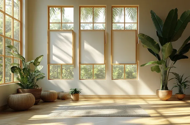 Empty wooden frames hang on a light wall in a bright room with window sunlight shadows and potted plants.