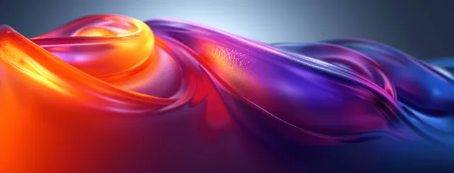 Neon fluid ribbons swirl across a glossy grey backdrop, forming glowing arcs and waves