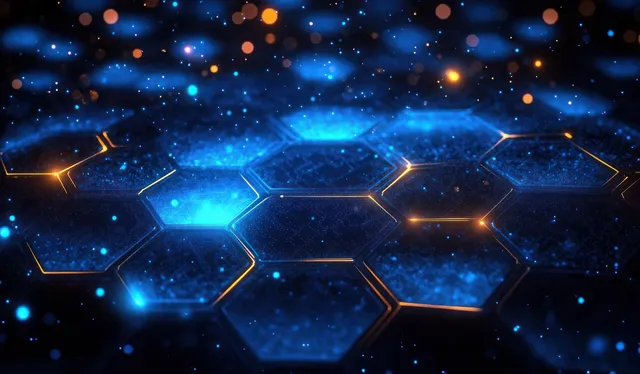 Glowing blue hexagons form a digital grid while scattered light particles float against a dark futuristic background.