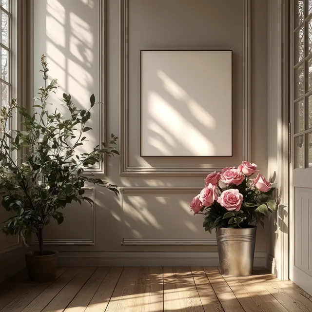 Minimalist room interior with blank framed canvas and pink rose bouquet in metal vase