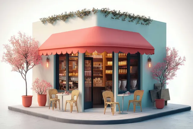 Minimal 3D café storefront with a pink awning, outdoor chairs, potted plants, and warm wall lights.
