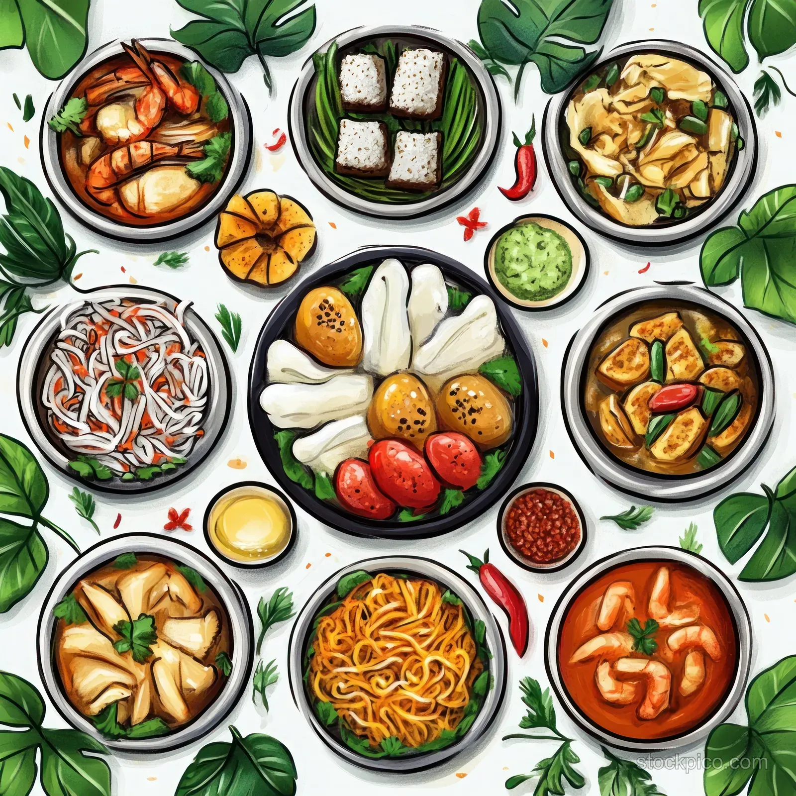 Overhead view of illustrated Thai dishes in colorful bowls surrounded by tropical leaves.
