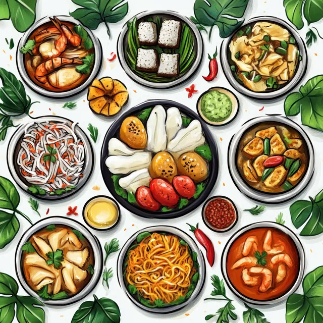Overhead view of illustrated Thai dishes in colorful bowls surrounded by tropical leaves.