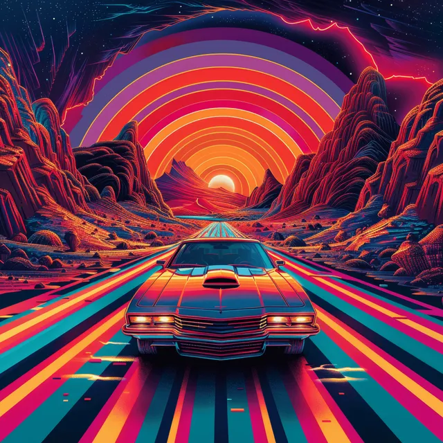Retro neon car racing through a rainbow striped tunnel under glowing psychedelic skies.