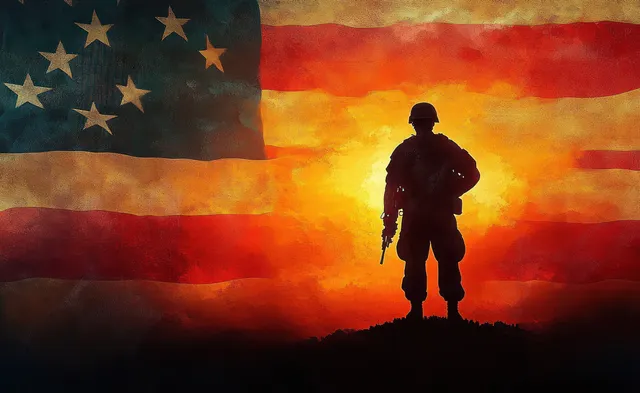 A soldier silhouette stands on a hill before a glowing sunset and worn American flag.