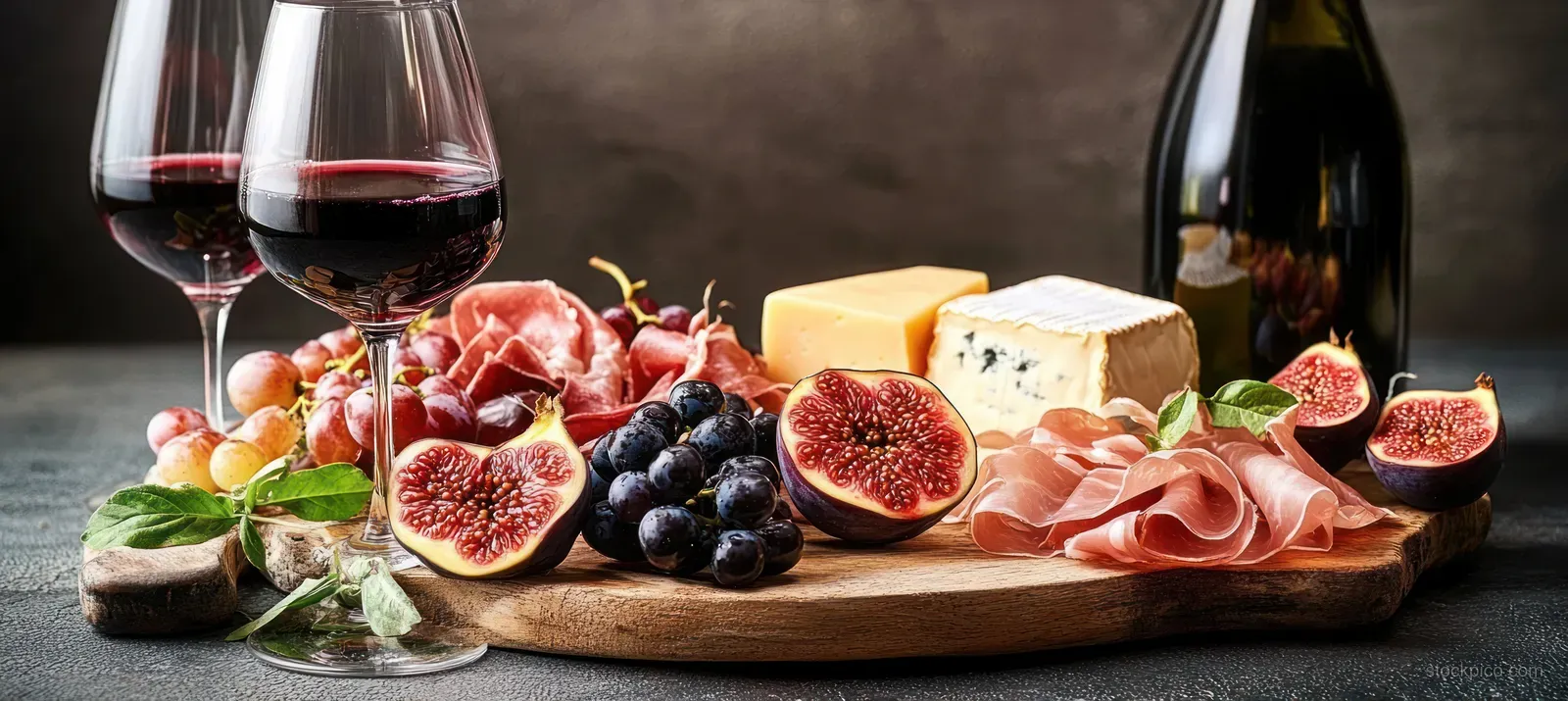 Cheese and cured meats on a wooden platter beside red wine glasses, with figs and black grapes.