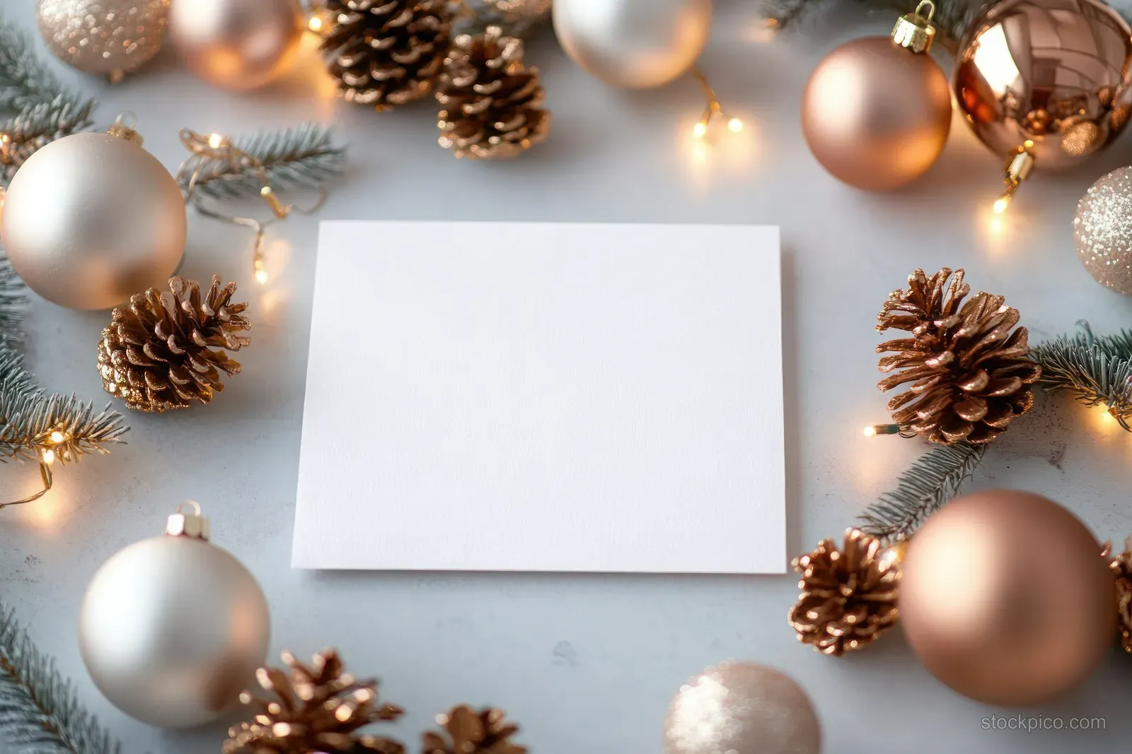 Blank white holiday card surrounded by pinecones, fir branches, ornaments, and warm fairy lights on a light background.