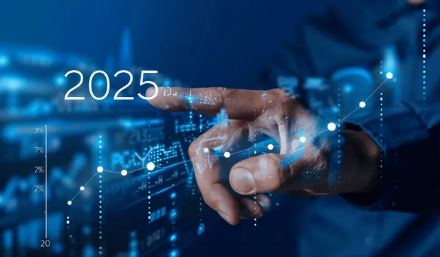 Businessman pointing at rising 2025 growth graph over digital finance data overlay