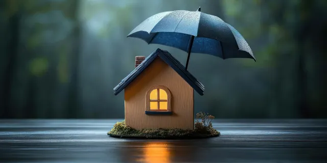 Miniature glowing house model sheltered under a black umbrella with warm window light against a blurred forest backdrop.