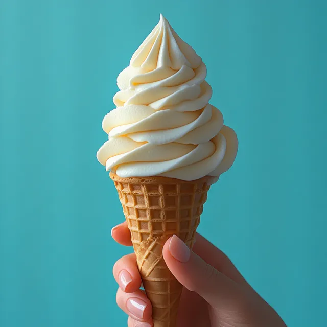 Hand holding creamy vanilla soft serve ice cream cone with swirl against turquoise backdrop