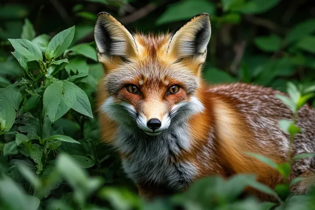 A red fox with alert eyes peers through green leafy plants in a forest undergrowth.