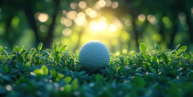 A golf ball on a tee in green grass under natural sunlight with a blurred bokeh background.