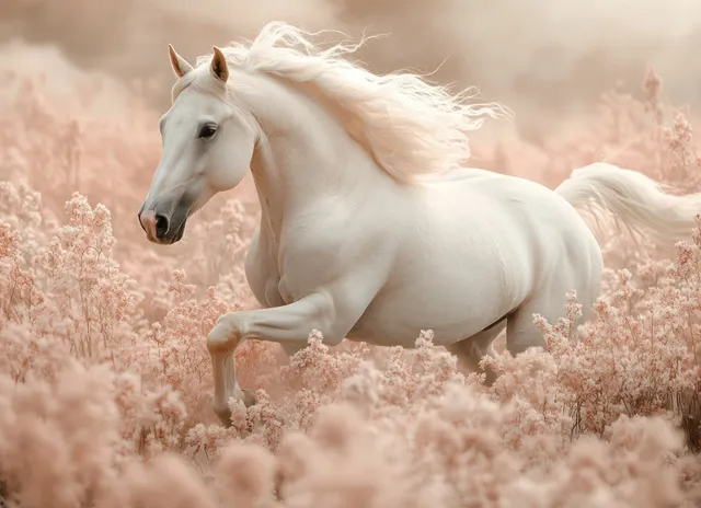A white horse gallops through misty pastel flowers, its mane flowing in soft golden light.
