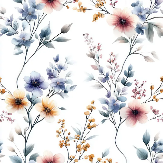 Seamless watercolor floral pattern with blue and pink blossoms and orange berry sprigs on a white background.