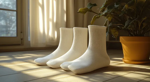 Pair of white crew socks on sunlit windowsill with soft shadows and fabric texture