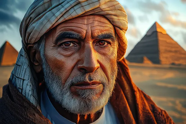 Elderly man with a white beard and headscarf stands in front of desert pyramids at sunset.