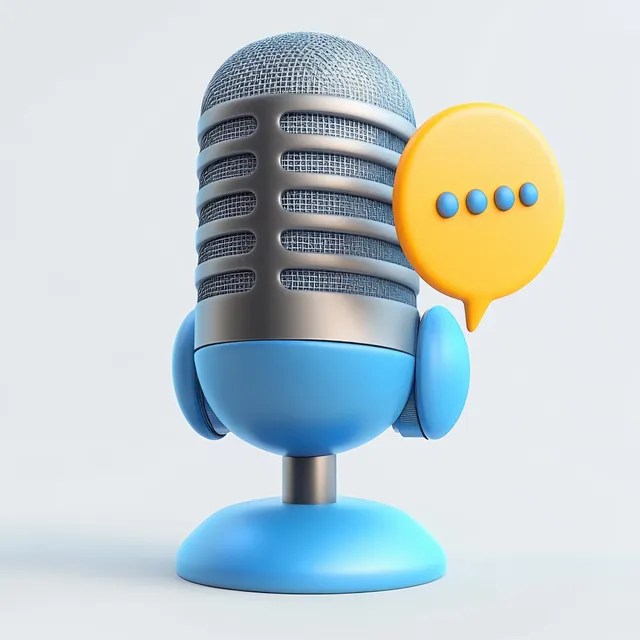 Micrófono de estudio azul y plateado con auriculares acoplados junto a un icono de globo de diálogo amarillo con puntos suspensivos.