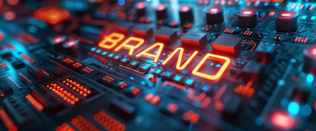 Cyber circuit board displaying the word BRAND, glowing through red and blue lights
