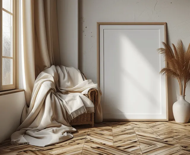 Boho living room scene with empty frame mockup, beige textiles, and pampas decor