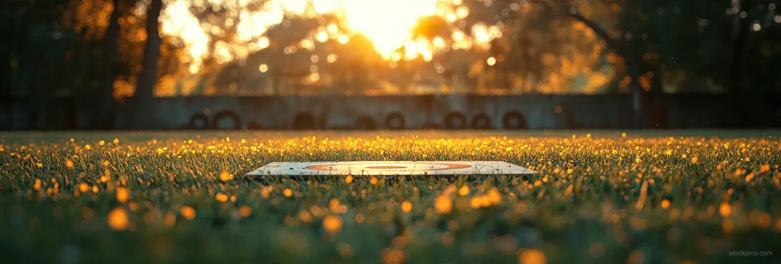 A bullseye target lies on grass in a forest clearing at sunset with warm bokeh lights behind it.