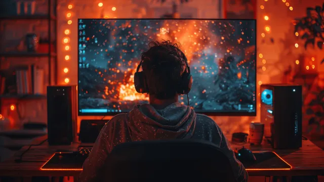 A gamer in a dark gaming room wears a headset while playing on PC monitors with RGB LED lights behind.