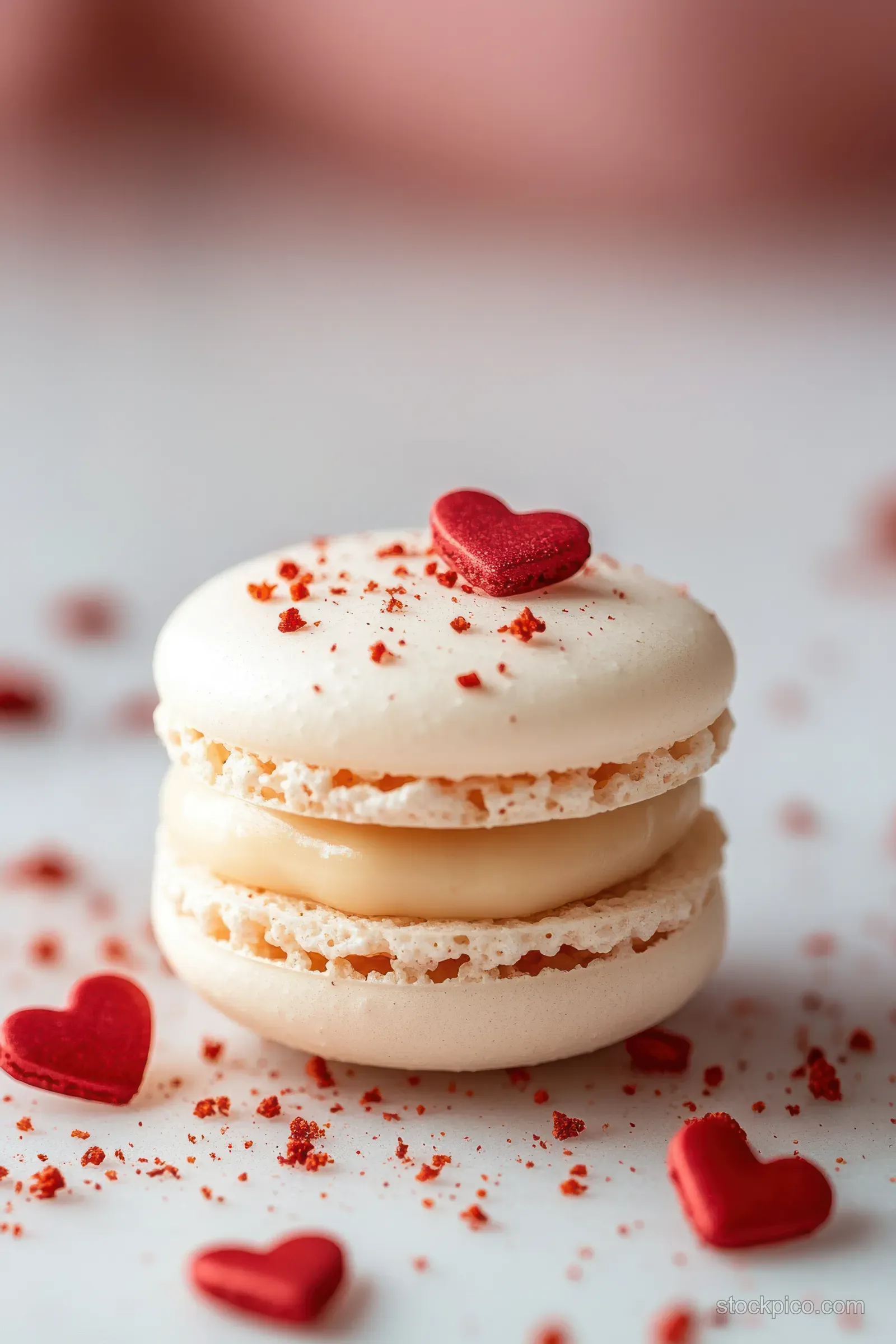 White macaron with creamy filling topped by a red heart sits amid red heart sprinkles and crumbs.