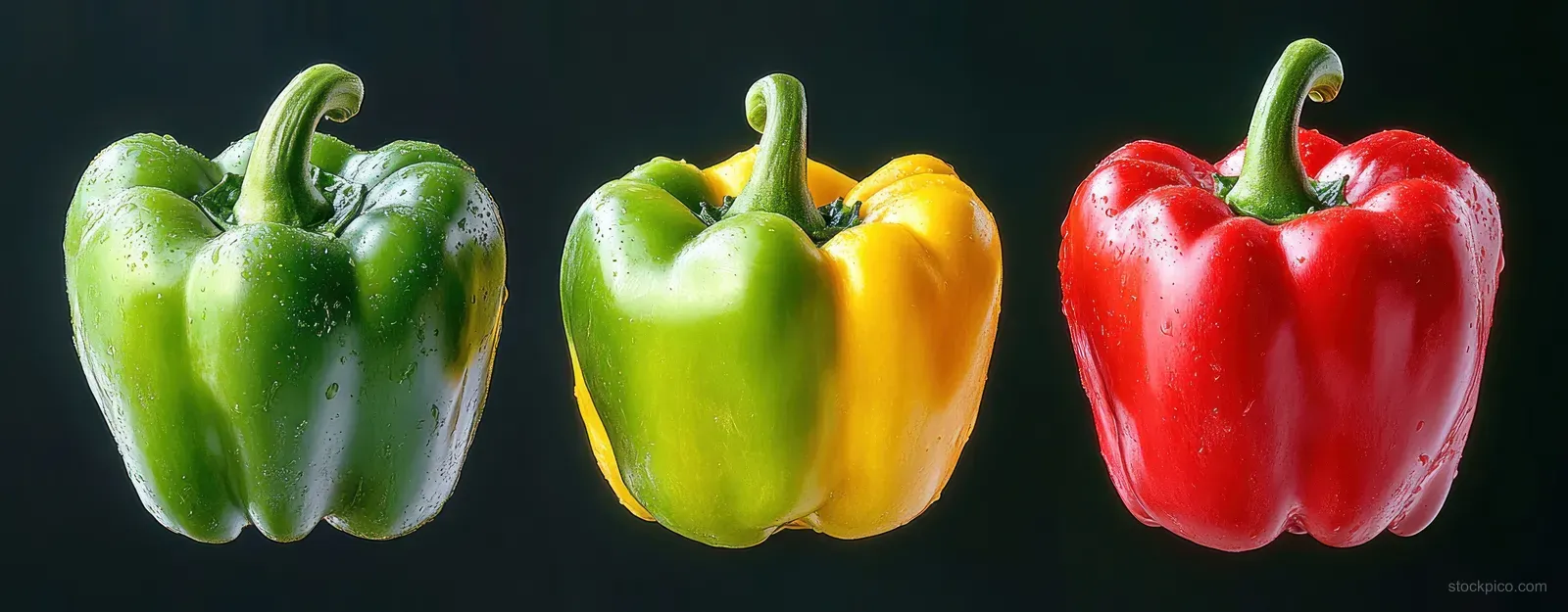 Three bell peppers in green, half green/yellow, and red are arranged side by side with water droplets on a black background.