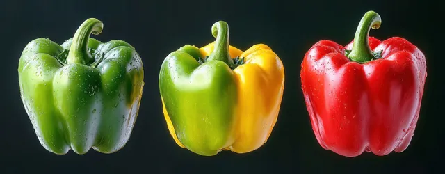 Three bell peppers in green, half green/yellow, and red are arranged side by side with water droplets on a black background.