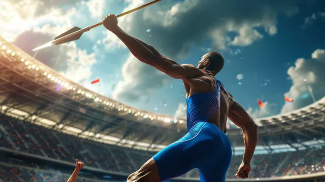 Javelin throw athlete mid-flight in a stadium with dramatic sky and motion blur