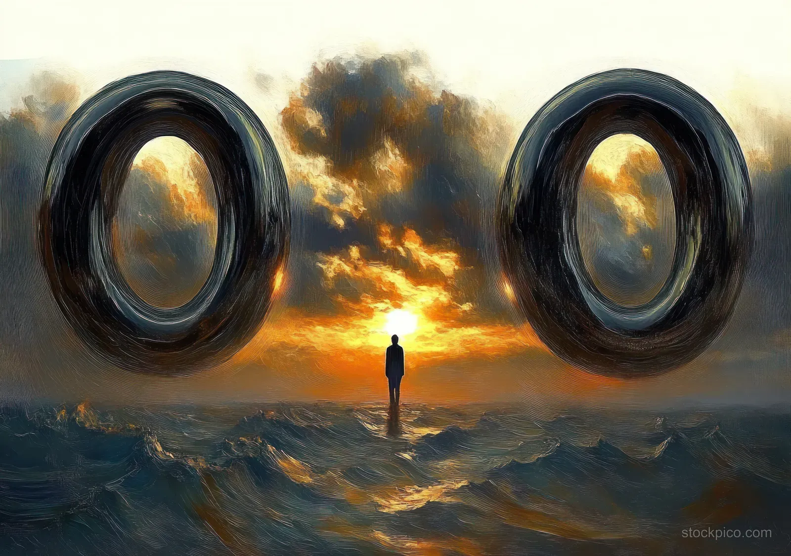 A lone silhouette stands on choppy ocean at sunset, framed by two floating dark rings in a cloudy sky.