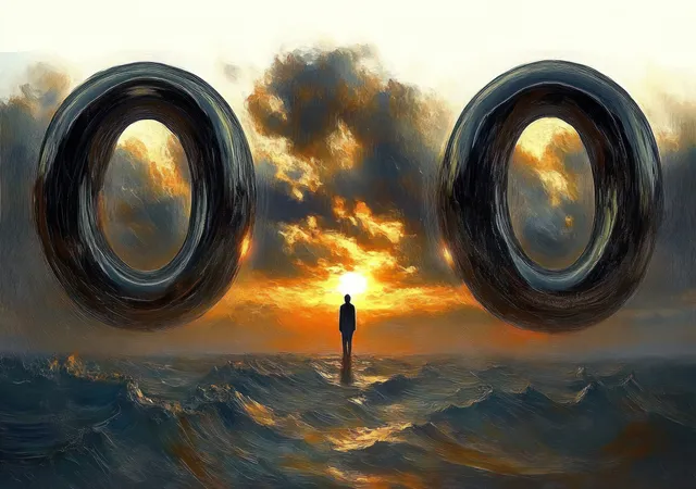 Silhouetted figure standing in stormy ocean at sunset, framed by two floating dark rings