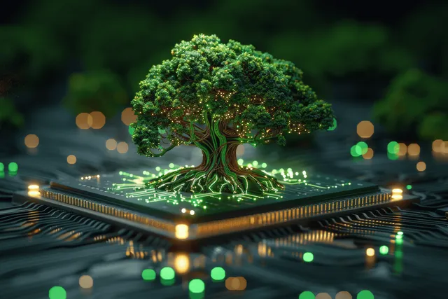 Green tech tree growing from a glowing circuit board with flowing light trails