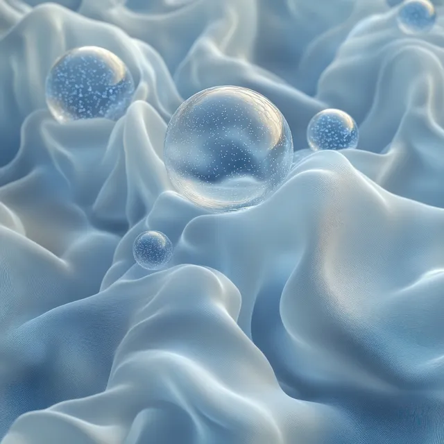 Translucent blue spheres rest on flowing white fabric folds under soft, diffuse lighting with blurred background.
