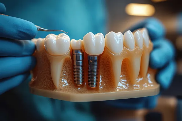 Gloved hands hold a dental model featuring two implants and crowned teeth on a training mouth base.