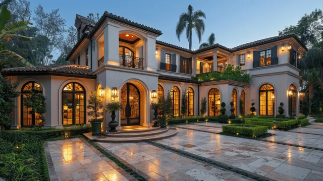 Spanish colonial villa exterior at dusk with warm lights, arched windows, and a stone walkway leading to the entrance.