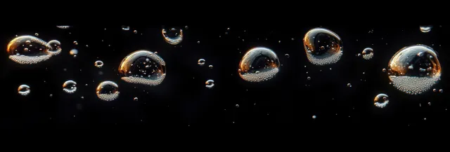 Macro close-up of floating transparent bubbles reflecting light on a dark background with Water Droplets