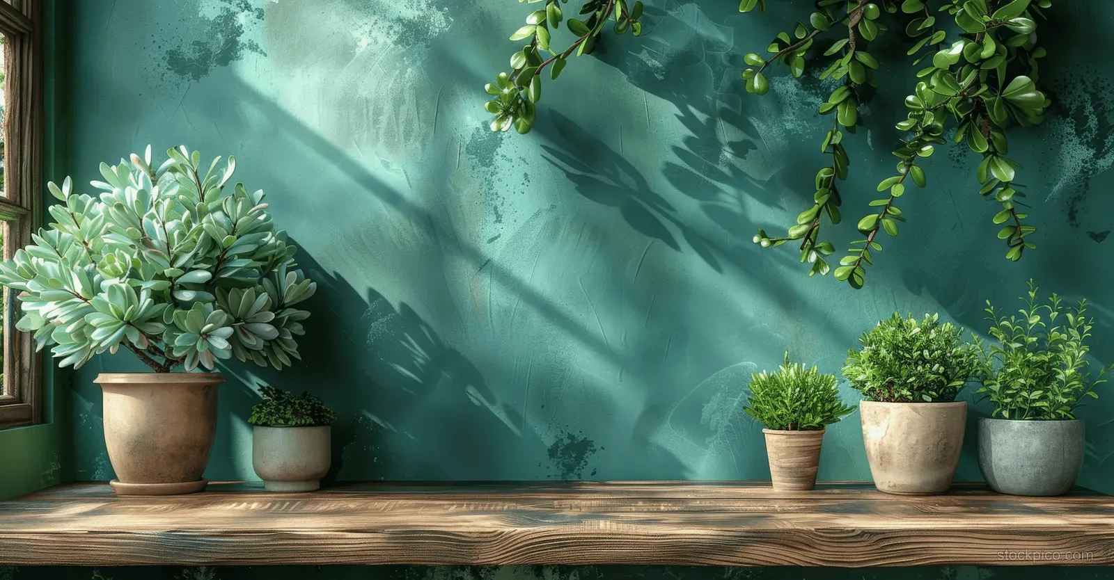 Sunlight falls on an indoor wooden shelf with ceramic pots of succulents casting soft shadows on a green wall.