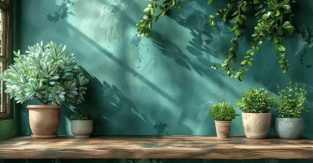 Indoor wooden shelf with potted succulents in sunlight, soft shadows on green wall