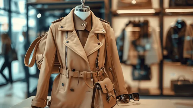 Beige leather jacket on a mannequin in a women’s boutique showroom with handbags and sunglasses in the background.