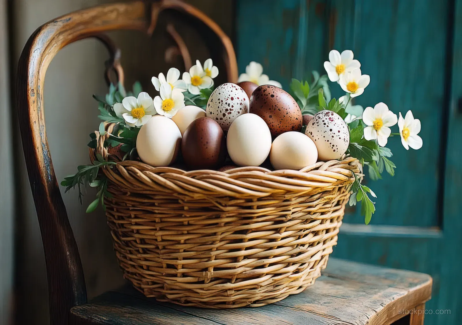 Wicker basket holding speckled eggs and white wildflowers resting on a rustic wooden chair against teal wood.