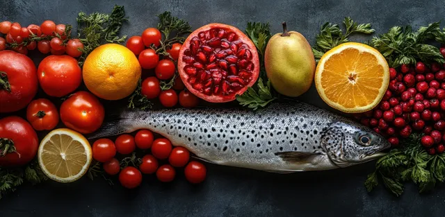 A whole fish rests on textured stone with pomegranate seeds, citrus halves, cherry tomatoes, and herbs around it.