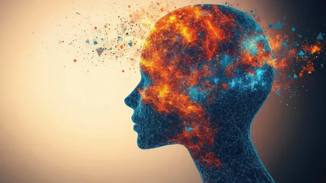 Side profile head silhouette surrounded by fiery orange and electric blue neural network burst particles.