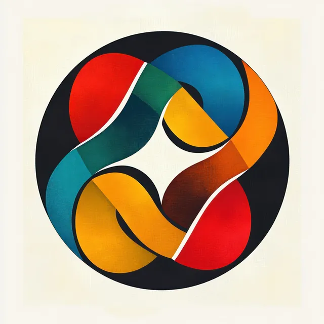 Abstract circular geometric artwork with interwoven curved shapes in vivid red blue orange yellow green