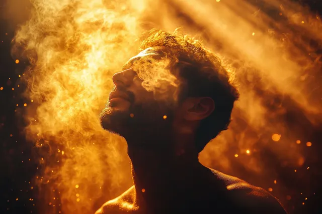 Silhouette praying man, golden divine light beams, swirling smoke around head