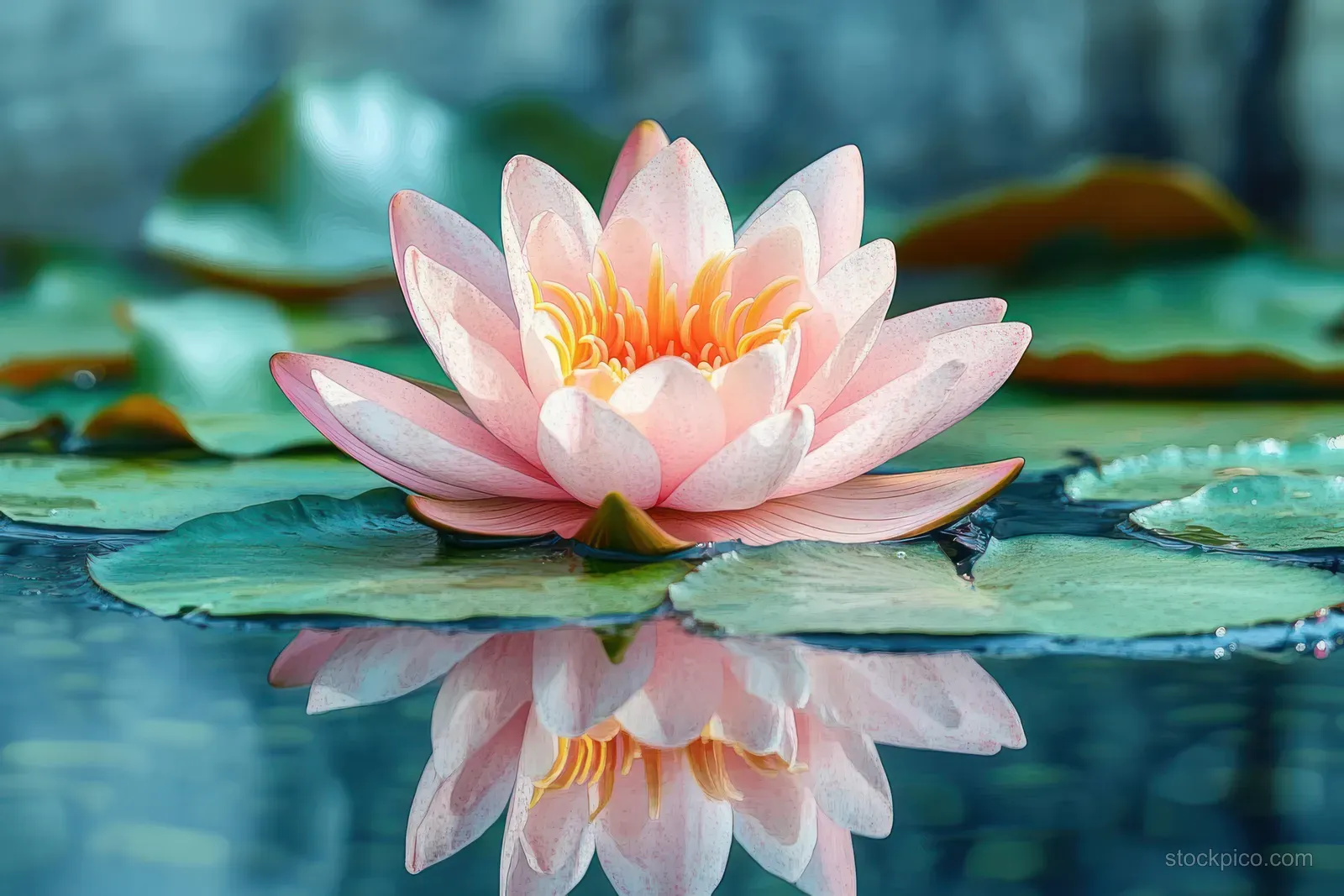 Pink lotus flower floating on tranquil water with green lily pads and its reflection.