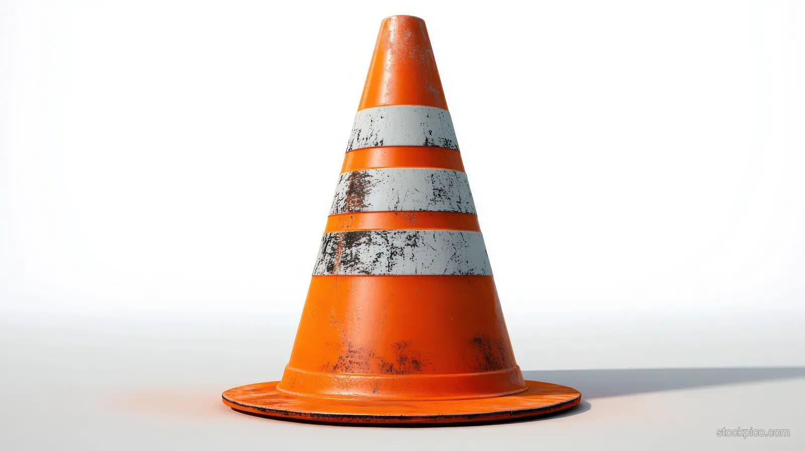 Worn orange traffic cone with scuffed white stripes standing on a white surface and casting a shadow.