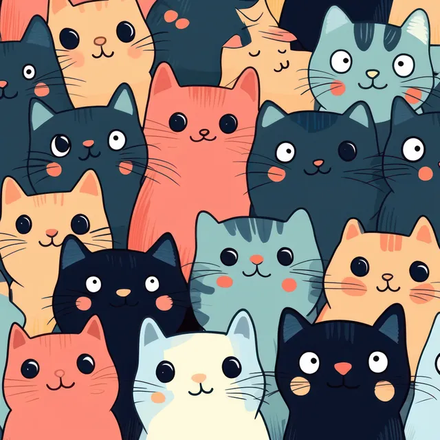 Repeating pastel cartoon pattern showing many cute cat faces with paw-print details on a flat background.