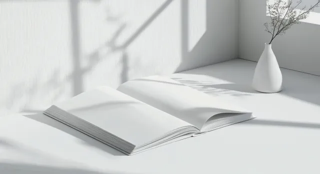 Open blank book on white tabletop with soft daylight and a minimal white vase