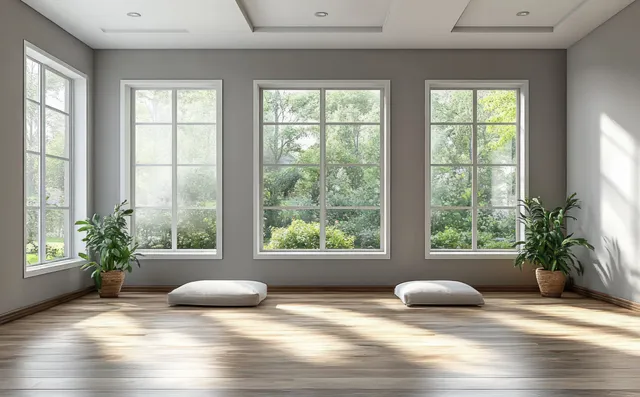 Empty minimalist living room with tall windows, potted plants, and sunlit wooden parquet flooring.